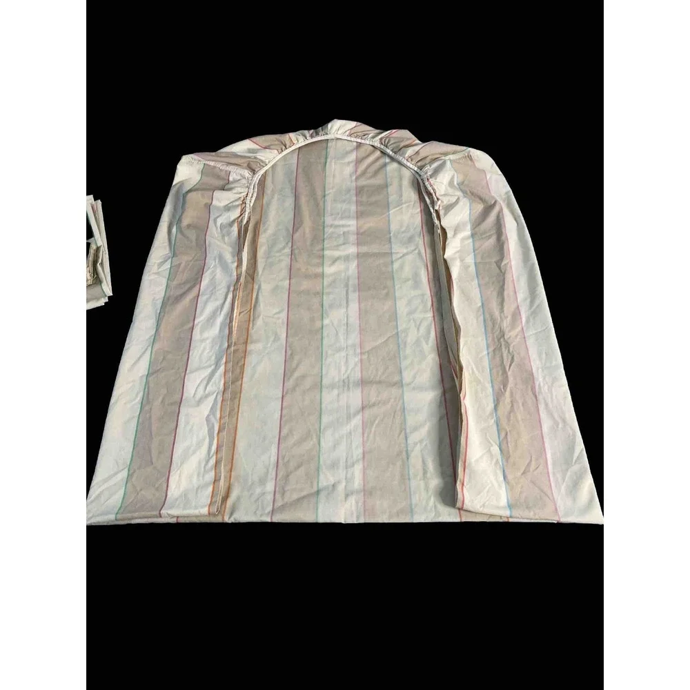 VTG TWIN Atelier Martex Pillowcase & Sheets Percale ~ Beige Tan w Pastel Stripes